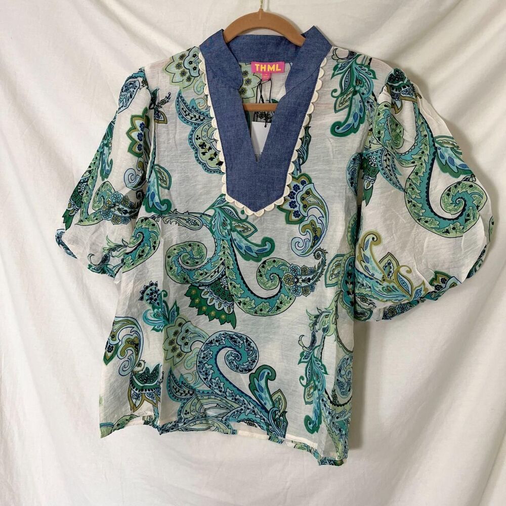 NWT THML short-sleeve top green blue paisley pattern denim-style V-neck collar M - Picture 2 of 8